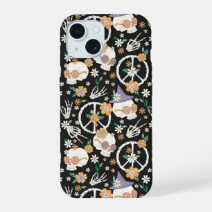 Coque iPhone 15 Hippie Halloween Skulls et Fleurs Motif