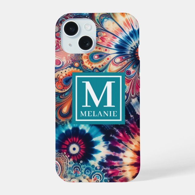 Coque iPhone 15 Hippie Retro Cravate-Dye Monogrammé (Verso)