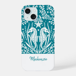 Coque iPhone 15 Hippocampes bleu sarcelle personnalisés