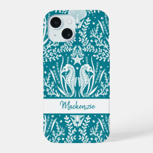 Coque iPhone 15 Hippocampes Damas T sarcelle Blanc Personnalisé