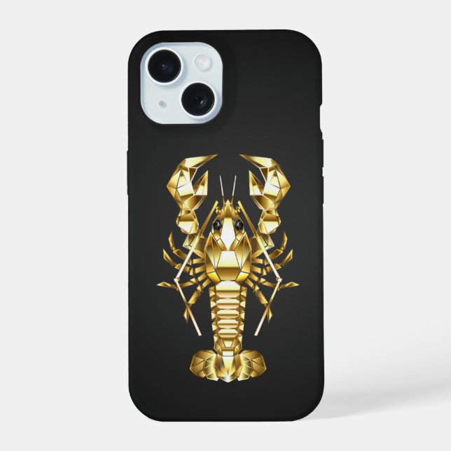 Coque iPhone 15 Homard polygonal doré langouste sur fond noir (Verso)