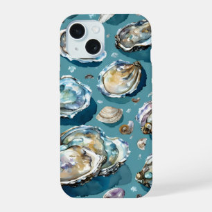 Coque iPhone 15 Huîtres Palourdes Coquillages Motif Bleu