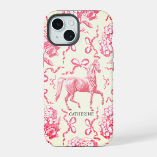Coque iPhone 15 Hydrangea Élégante Cheval Rubans Rouge Blanc avec