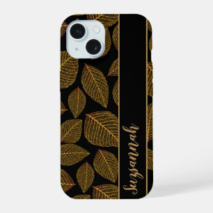 Coque iPhone 15 Idée de cadeau à motif de feuille de squelette dor