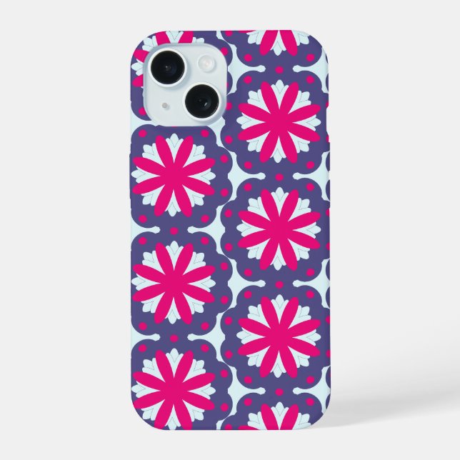 Coque iPhone 15 Illustration de formes florales violettes et roses (Verso)