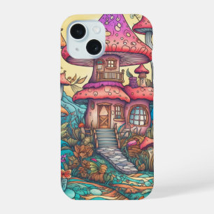 Coque iPhone 15 Illustration d'une cabane de champignons créative