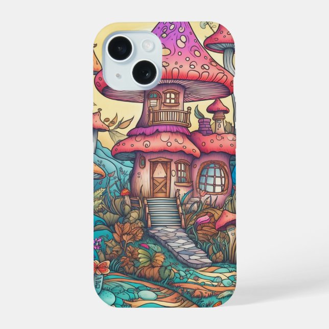 Coque iPhone 15 Illustration d'une cabane de champignons créative (Verso)