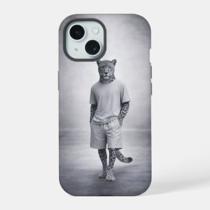 Coque iPhone 15 Illustration minimale de léopard des neiges en ten