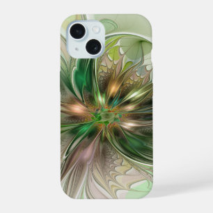 Coque iPhone 15 Imaginaire coloré Moderne Fleur Fractale Abstraite