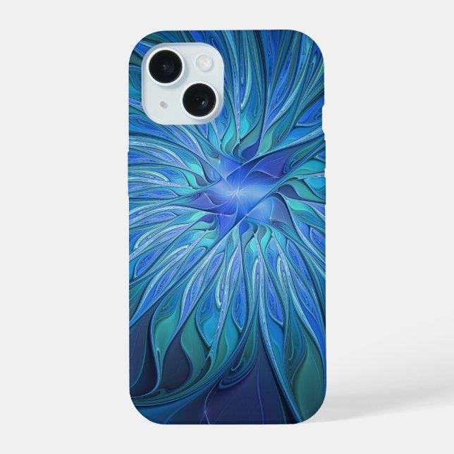 Coque iPhone 15 Imaginaire Fleur Bleue Motif, Art Fractal Abstrait (Verso)