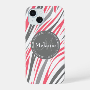 Coque iPhone 15 Impression zèbre monographique en rose et gris
