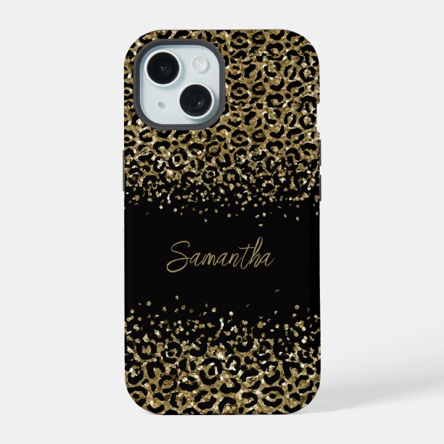 Coque iPhone 15 Imprimé léopard noir monogramme chic et élégant (Verso)
