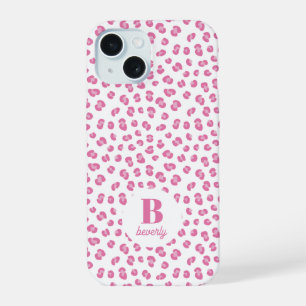 Coque iPhone 15 Imprimé Léopard Rose Monogrammé Moderne