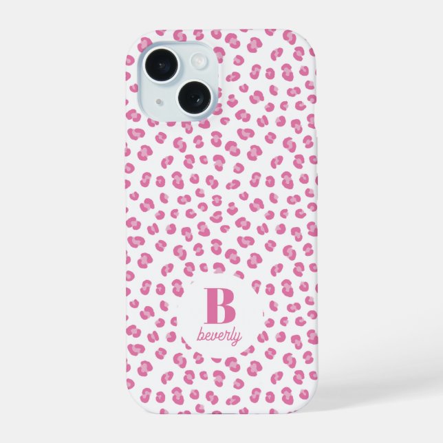 Coque iPhone 15 Imprimé Léopard Rose Monogrammé Moderne (Verso)
