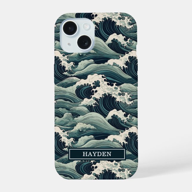 Coque iPhone 15 Imprimé Vagues Japonaises Monogrammé (Verso)