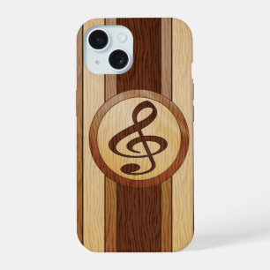 Coque iPhone 15 Incrustation de clé de sol en faux bois élégant