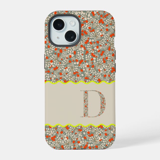 COQUE iPhone 15 INITIALE D MONOGRAMME PETITES FLEURS VERTES ET ROU (Verso)