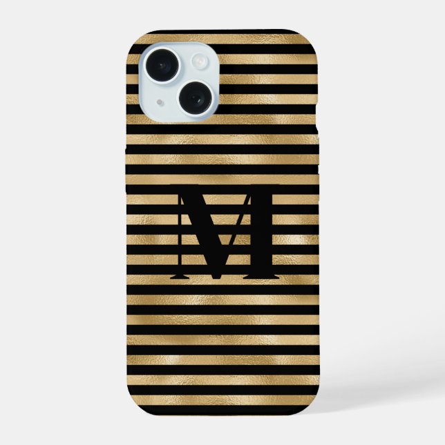 Coque iPhone 15 Initiale de monogramme rayée or noir (Verso)