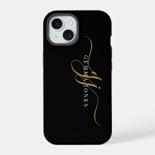 Coque iPhone 15 Initiales de monogramme de script élégant Noir Or