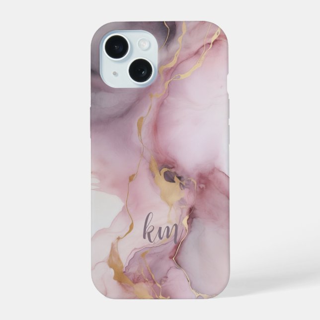 Coque iPhone 15 Initiales de monogramme Lave d'encre alcoolique ro (Verso)