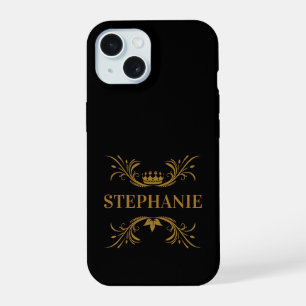 Coque iPhone 15 Initiales Élégant Couronne Noire et Or