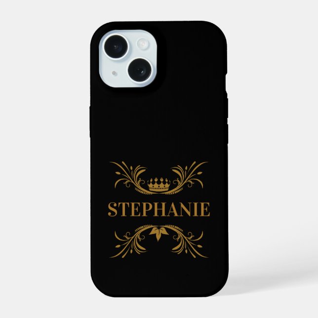 Coque iPhone 15 Initiales Élégant Couronne Noire et Or (Verso)