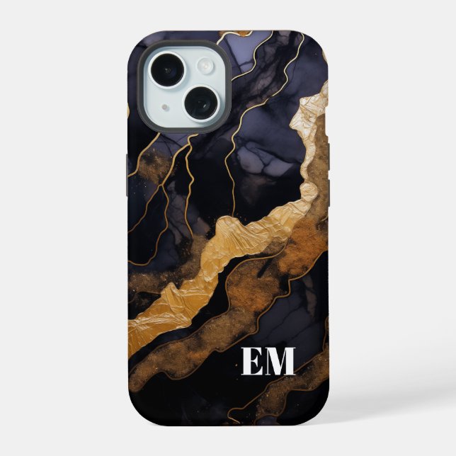Coque iPhone 15 Initiales en marbre Abstrait d'or noir (Verso)
