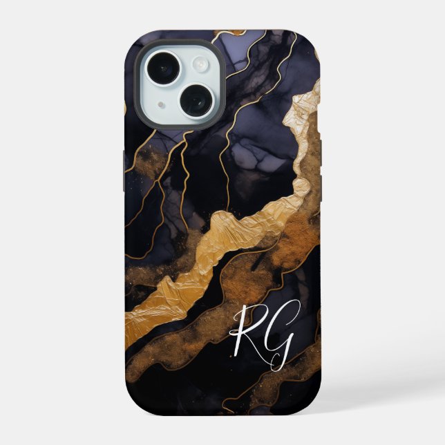 Coque iPhone 15 Initiales en marbre Abstrait d'or noir (Verso)