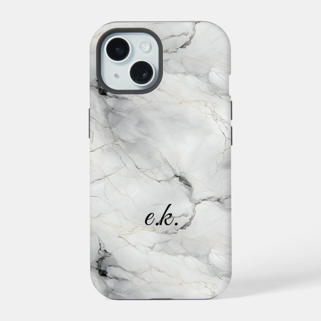 Coque iPhone 15 Initiales monogramme blanc gris noir or marbre  (Verso)