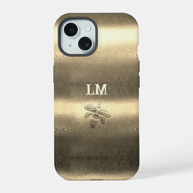 Coque iPhone 15 Initiales monogramme de l'abeille au look or cool (Verso)