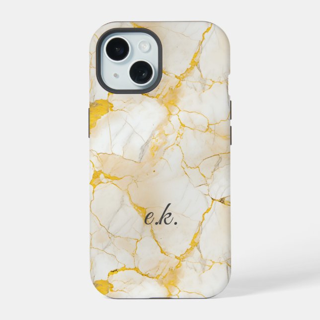 Coque iPhone 15 Initiales monogramme sur marbre blanc jaune or  (Verso)