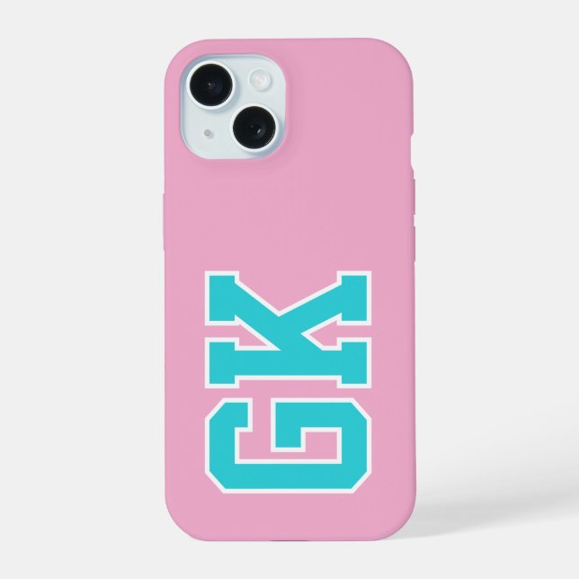 Coque iPhone 15 Initiales Monogramme Universitaire Turquoise Rose  (Verso)