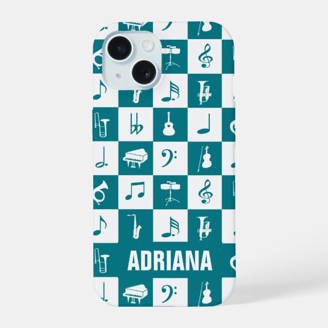 Coque iPhone 15 Instruments de notes de musique sarcelle et blanc  (Verso)