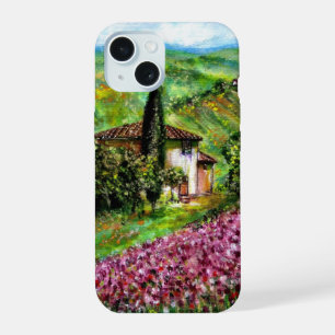 Coque iPhone 15 IRIS EN TOUSCANE,Paysage de champs de fleurs viole