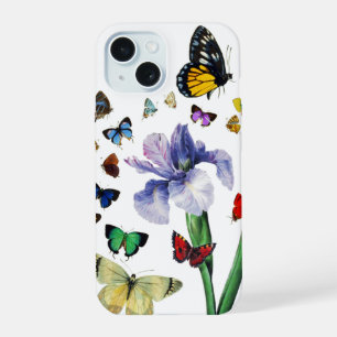 Coque iPhone 15 IRIS PARMI LES PAPILLONS COLORÉS Fleur Blanche