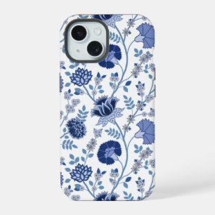 Coque iPhone 15 Jacobean Floral Big Motif Blues sur blanc