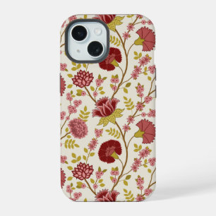 Coque iPhone 15 Jacobean Floral Grand Motif Reds Pinks Gold Creme