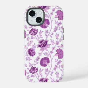 Coque iPhone 15 Jacobean Floral Grand Motif rose sur blanc