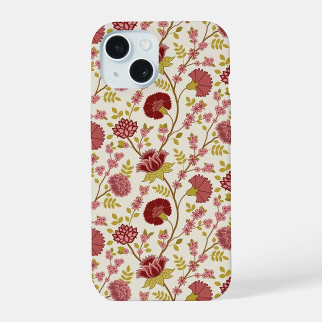 Coque iPhone 15 Jacobean Floral Pattern Rouge Rose Gold Crème (Verso)