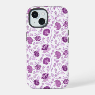 Coque iPhone 15 Jacobean Floral Répétition Motif Pinks sur Blanc