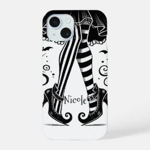 Coque iPhone 15 Jambes de Sorcière Noir et Blanc Fête d'Halloween