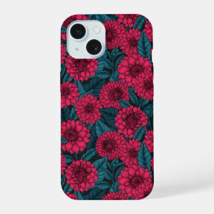 Coque iPhone 15 Jardin de Dahlia Rouge/feuilles bleus
