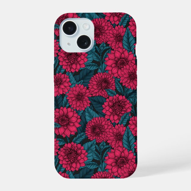 Coque iPhone 15 Jardin de Dahlia Rouge/feuilles bleus (Verso)