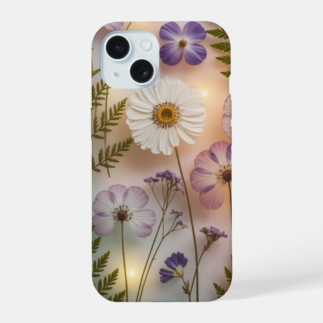 Coque iPhone 15 Jardin de fleurs pressées éthéré (Verso)
