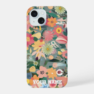 Coque iPhone 15 Jardin de fleurs vibrant à l'aquarelle vert et pêc