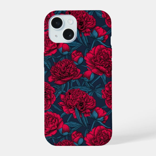 Coque iPhone 15 Jardin de pivoine rouge sur bleu foncé (Verso)