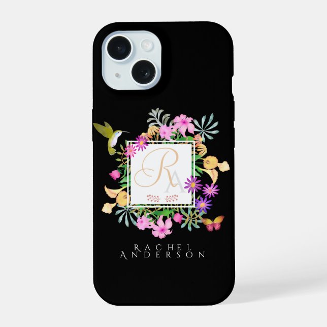 Coque iPhone 15 Jardin Floral Monogramme Noir (Verso)