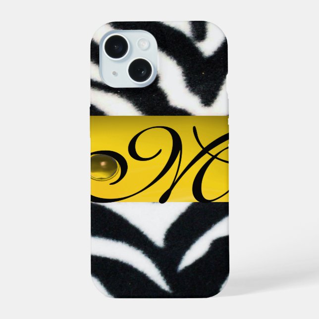 Coque iPhone 15 JAUNE BLACK ZEBRA FUR MONOGRAM, Topaz (Verso)