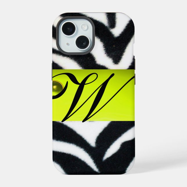 Coque iPhone 15 JAUNE BLACK ZEBRA FUR MONOGRAM, Topaz (Verso)