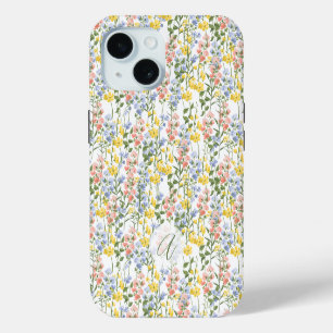 Coque iPhone 15 Jaune d'été Pêche Fleur Sauvage Monogramme Initial